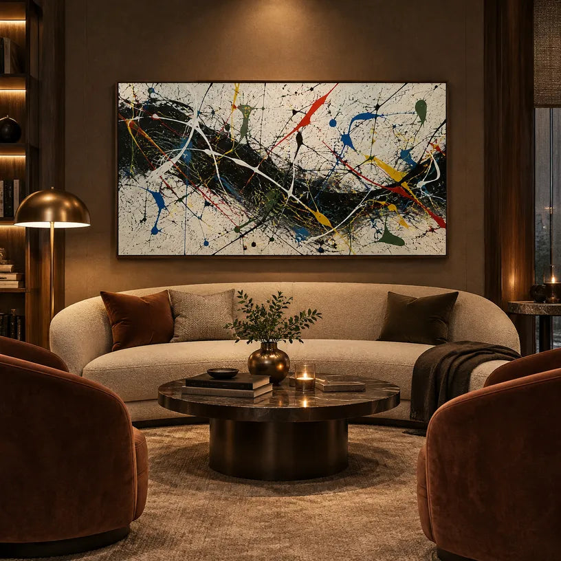 Abstract Expressionist abstract oil painting showing intersecting lines and scattered color marks, contemporary wall art.