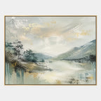 Abstract Expressionist landscapes & seascapes & cityscapes oil painting showing a misty green mountain valley and reflective water in a green palette, contemporary wall art.