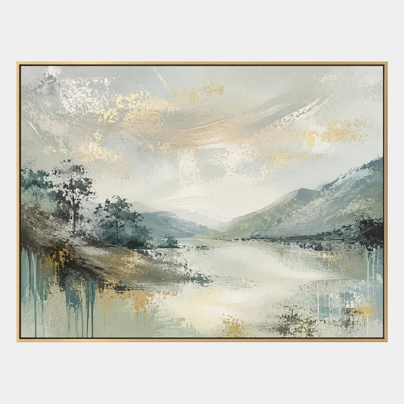 Abstract Expressionist landscapes & seascapes & cityscapes oil painting showing a misty green mountain valley and reflective water in a green palette, contemporary wall art.