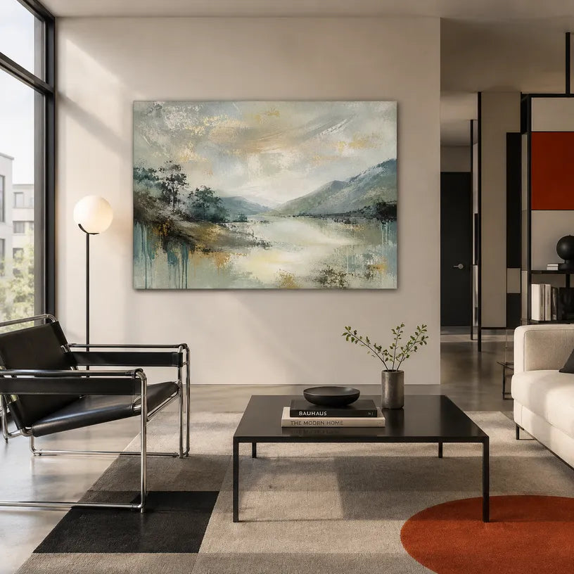 Abstract Expressionist landscapes & seascapes & cityscapes oil painting showing a misty green mountain valley and reflective water in a green palette, contemporary wall art.