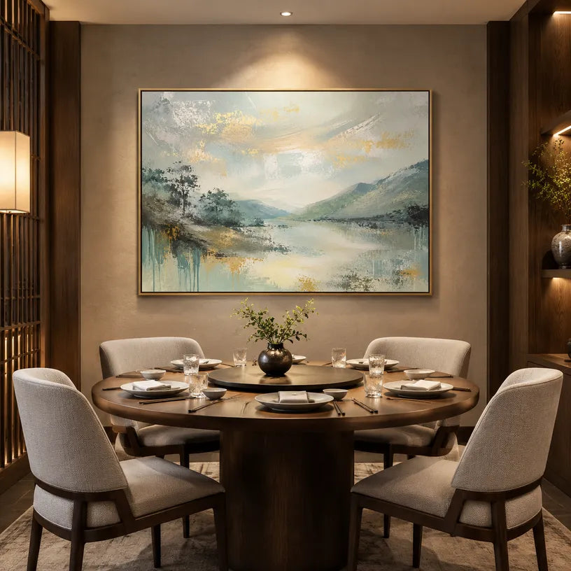 Abstract Expressionist landscapes & seascapes & cityscapes oil painting showing a misty green mountain valley and reflective water in a green palette, contemporary wall art.