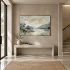 Abstract Expressionist landscapes & seascapes & cityscapes oil painting showing a misty green mountain valley and reflective water in a green palette, contemporary wall art.