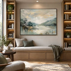 Abstract Expressionist landscapes & seascapes & cityscapes oil painting showing a misty green mountain valley and reflective water in a green palette, contemporary wall art.