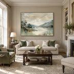 Abstract Expressionist landscapes & seascapes & cityscapes oil painting showing a misty green mountain valley and reflective water in a green palette, contemporary wall art.