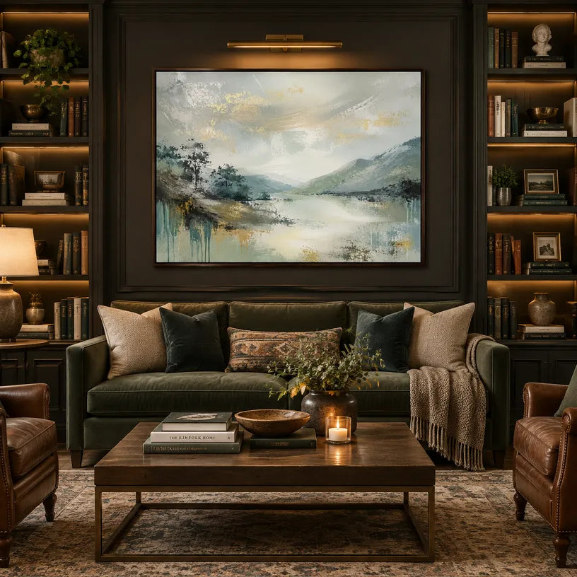 Abstract Expressionist landscapes & seascapes & cityscapes oil painting showing a misty green mountain valley and reflective water in a green palette, contemporary wall art.