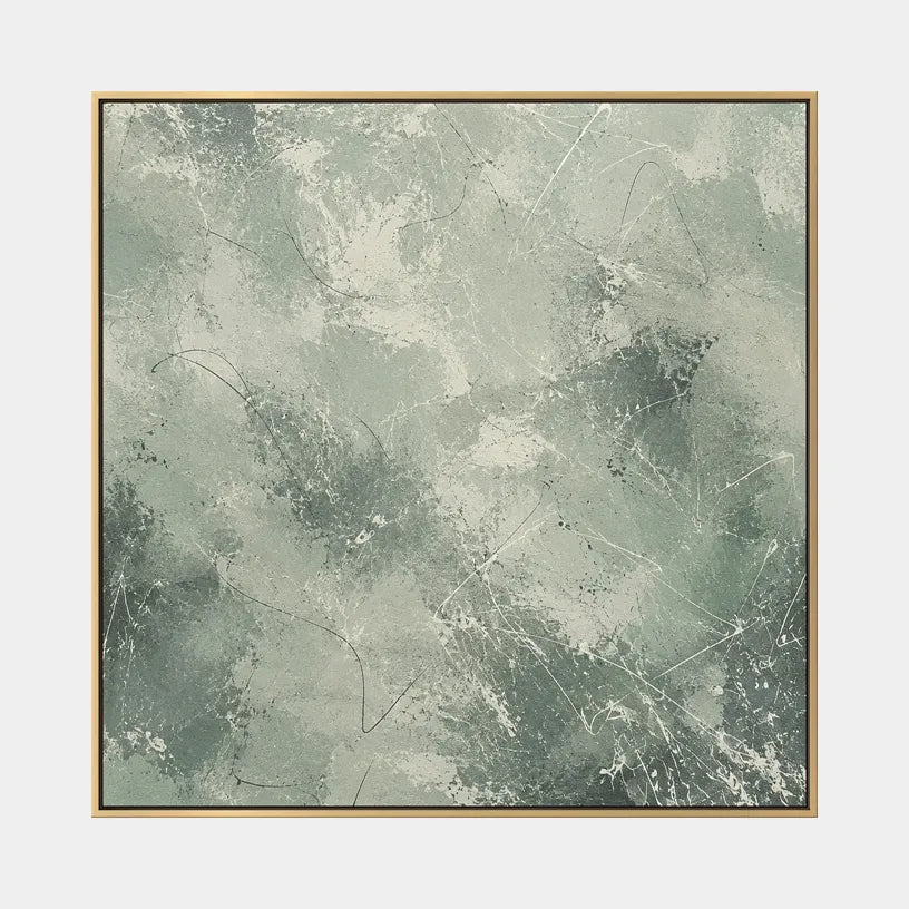 Abstract Expressionist abstract oil painting showing layered abstract marks, texture and expressive painterly movement in a grey palette.