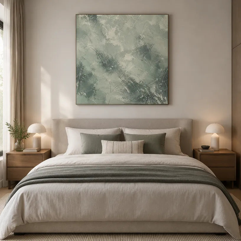 Abstract Expressionist abstract oil painting showing layered abstract marks, texture and expressive painterly movement in a grey palette.