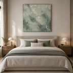 Abstract Expressionist abstract oil painting showing layered abstract marks, texture and expressive painterly movement in a grey palette.