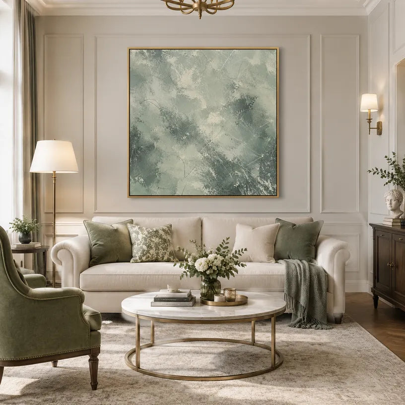 Abstract Expressionist abstract oil painting showing layered abstract marks, texture and expressive painterly movement in a grey palette.