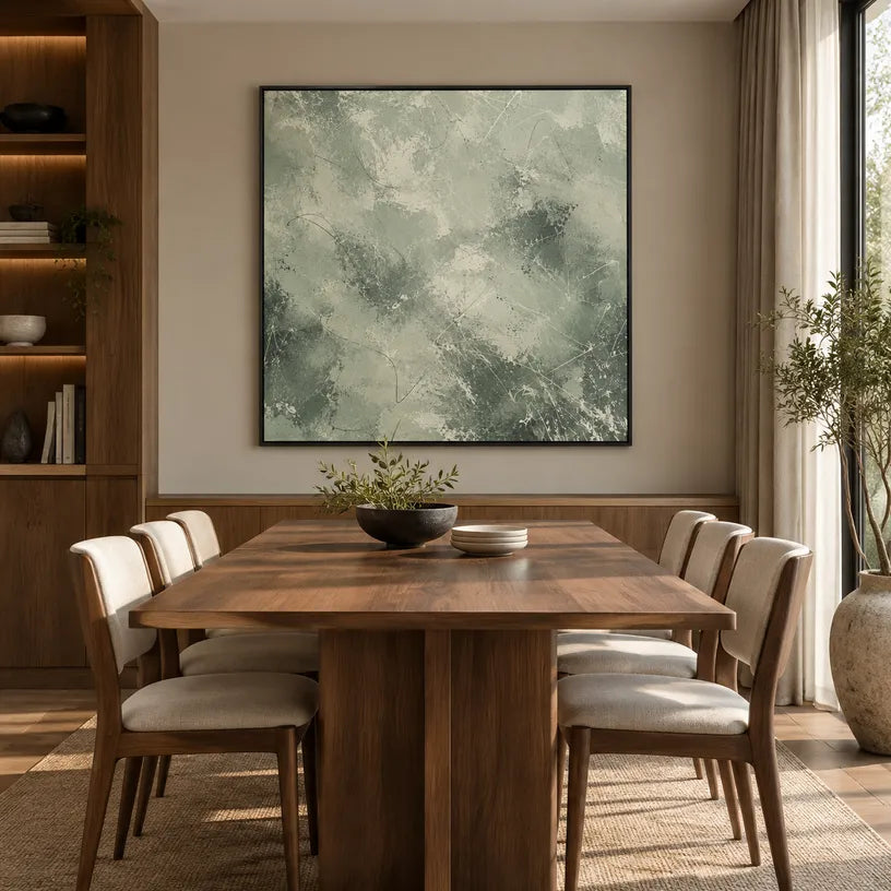 Abstract Expressionist abstract oil painting showing layered abstract marks, texture and expressive painterly movement in a grey palette.