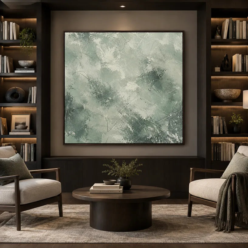 Abstract Expressionist abstract oil painting showing layered abstract marks, texture and expressive painterly movement in a grey palette.