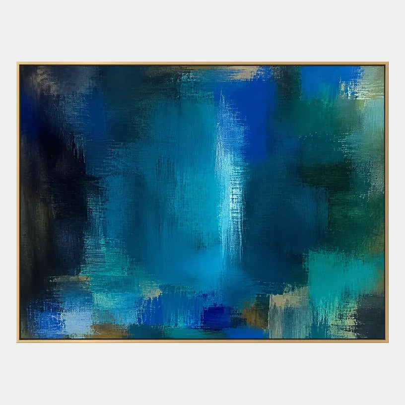 Abstract Expressionist abstract oil painting showing layered abstract marks, texture and expressive painterly movement in a blue palette.