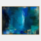Abstract Expressionist abstract oil painting showing layered abstract marks, texture and expressive painterly movement in a blue palette.