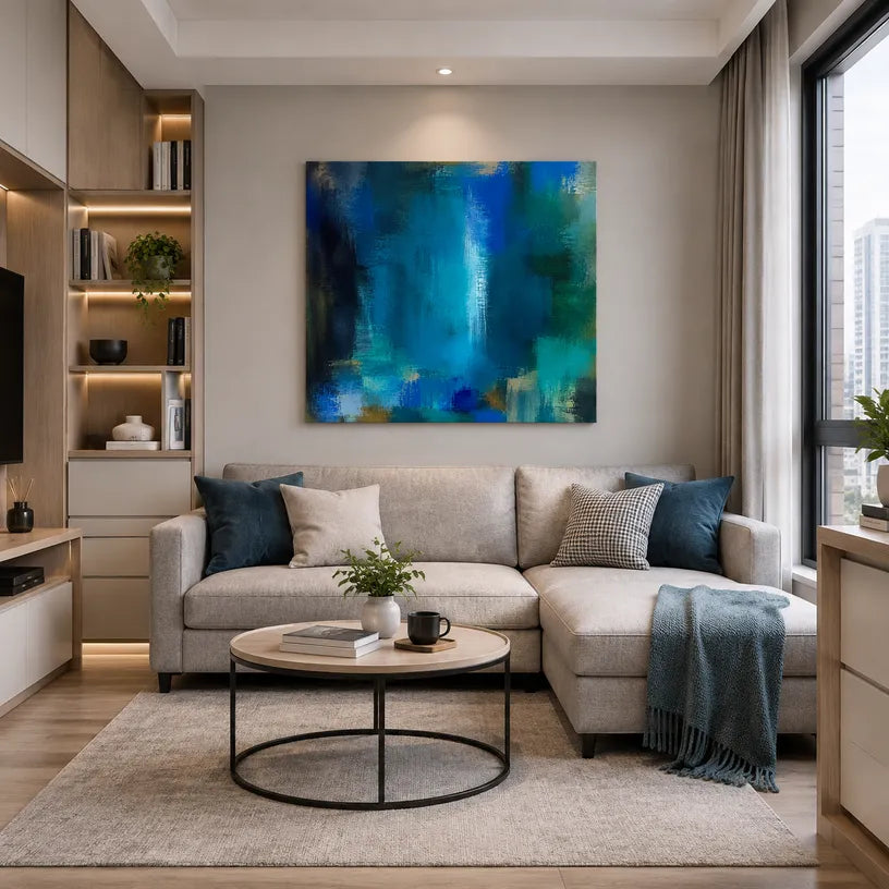 Abstract Expressionist abstract oil painting showing layered abstract marks, texture and expressive painterly movement in a blue palette.