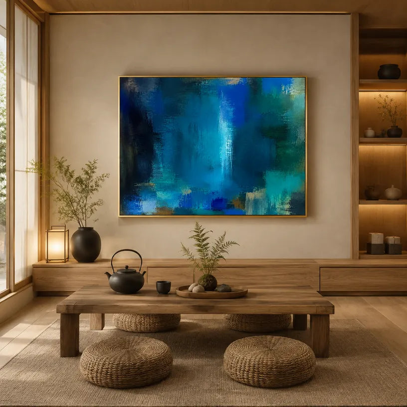 Abstract Expressionist abstract oil painting showing layered abstract marks, texture and expressive painterly movement in a blue palette.