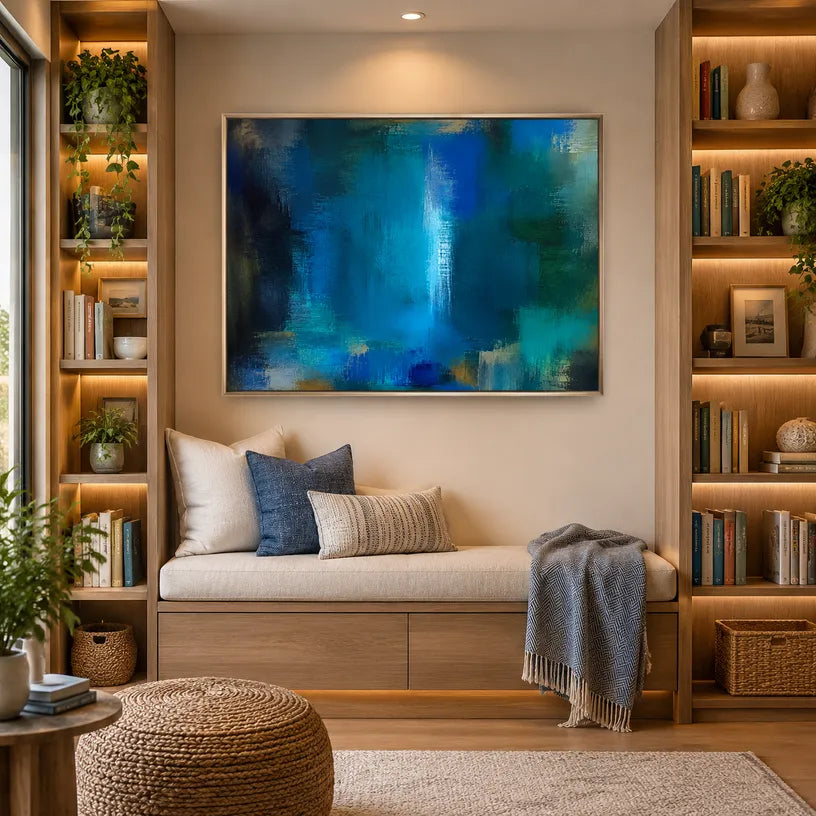 Abstract Expressionist abstract oil painting showing layered abstract marks, texture and expressive painterly movement in a blue palette.