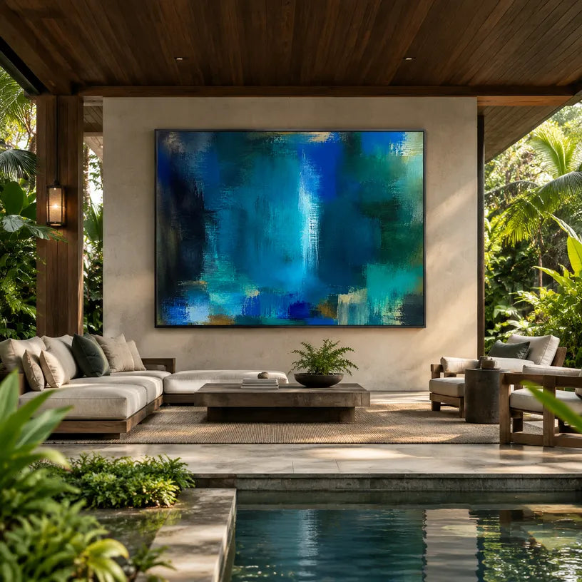 Abstract Expressionist abstract oil painting showing layered abstract marks, texture and expressive painterly movement in a blue palette.