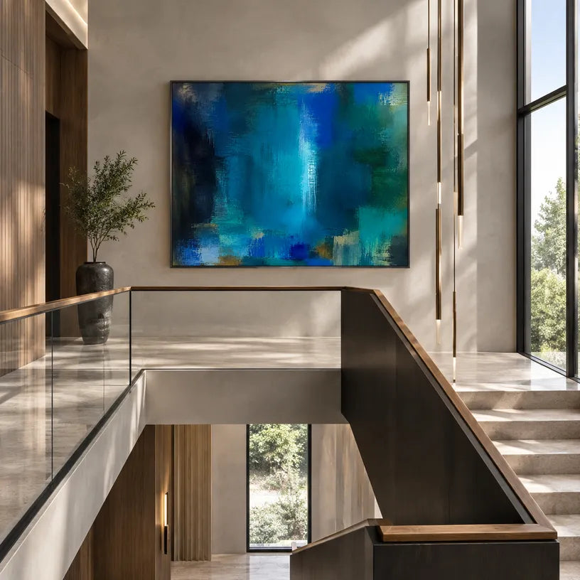 Abstract Expressionist abstract oil painting showing layered abstract marks, texture and expressive painterly movement in a blue palette.