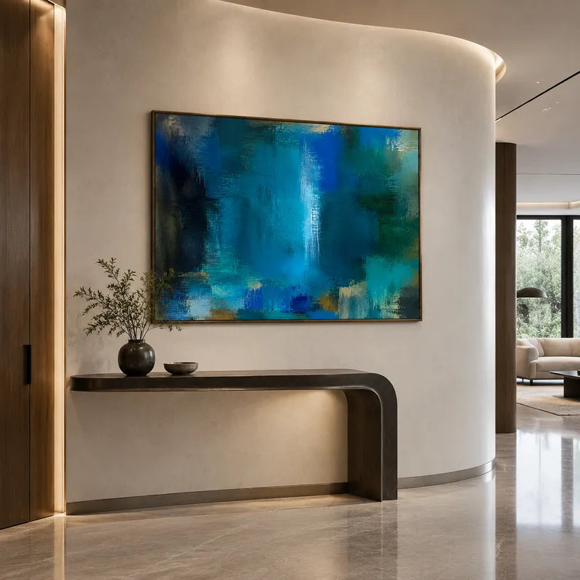 Abstract Expressionist abstract oil painting showing layered abstract marks, texture and expressive painterly movement in a blue palette.