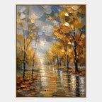 Abstract Expressionist landscapes & seascapes & cityscapes oil painting showing an autumn forest path with warm reflected light in a brown palette, contemporary wall art.
