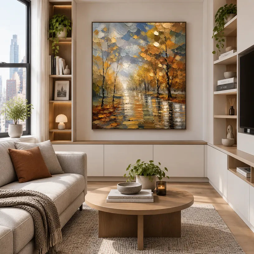 Abstract Expressionist landscapes & seascapes & cityscapes oil painting showing an autumn forest path with warm reflected light in a brown palette, contemporary wall art.