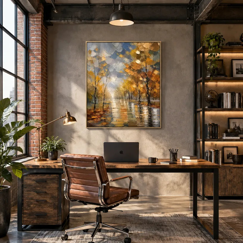 Abstract Expressionist landscapes & seascapes & cityscapes oil painting showing an autumn forest path with warm reflected light in a brown palette, contemporary wall art.