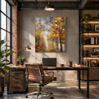 Abstract Expressionist landscapes & seascapes & cityscapes oil painting showing an autumn forest path with warm reflected light in a brown palette, contemporary wall art.