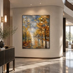 Abstract Expressionist landscapes & seascapes & cityscapes oil painting showing an autumn forest path with warm reflected light in a brown palette, contemporary wall art.