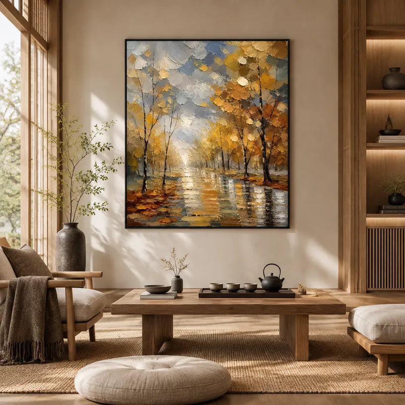 Abstract Expressionist landscapes & seascapes & cityscapes oil painting showing an autumn forest path with warm reflected light in a brown palette, contemporary wall art.