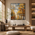 Abstract Expressionist landscapes & seascapes & cityscapes oil painting showing an autumn forest path with warm reflected light in a brown palette, contemporary wall art.