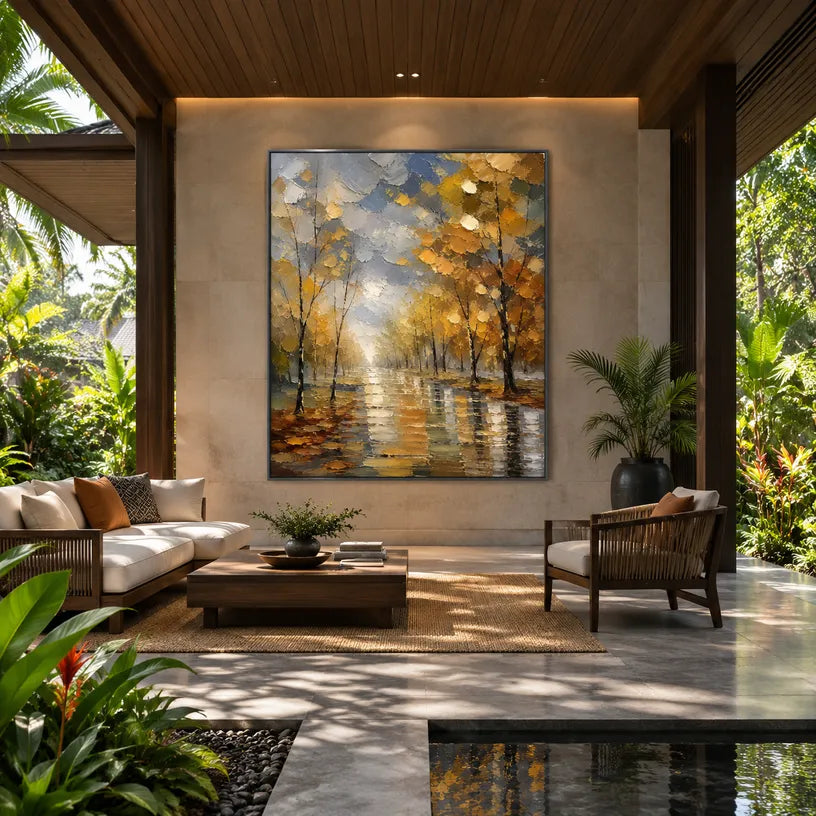 Abstract Expressionist landscapes & seascapes & cityscapes oil painting showing an autumn forest path with warm reflected light in a brown palette, contemporary wall art.