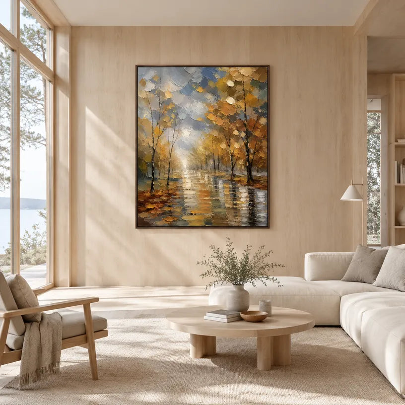 Abstract Expressionist landscapes & seascapes & cityscapes oil painting showing an autumn forest path with warm reflected light in a brown palette, contemporary wall art.