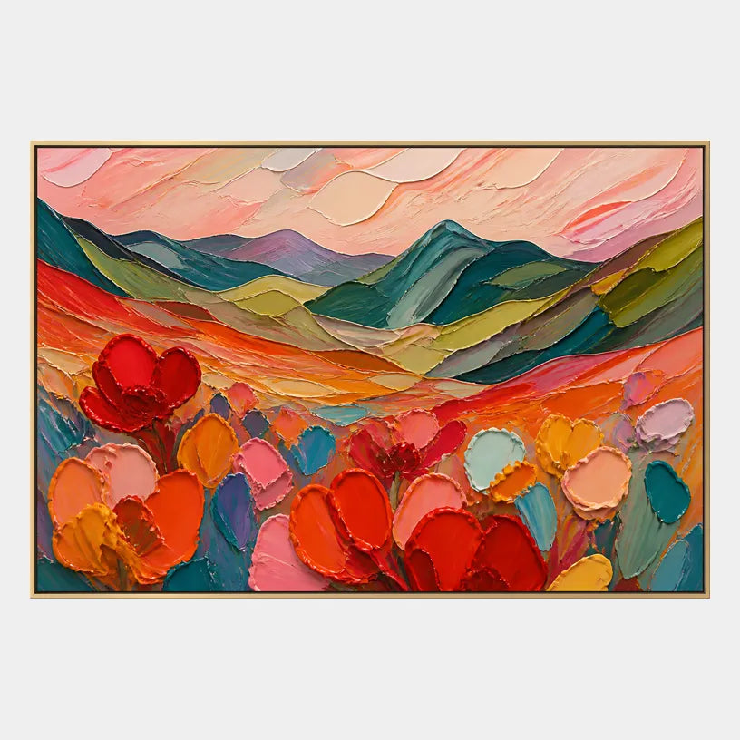 Abstract Expressionist landscapes & seascapes & cityscapes oil painting showing a painterly landscape with distant hills, trees or reflective water.