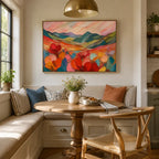 Abstract Expressionist landscapes & seascapes & cityscapes oil painting showing a painterly landscape with distant hills, trees or reflective water.