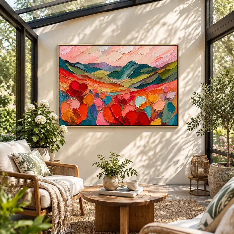 Abstract Expressionist landscapes & seascapes & cityscapes oil painting showing a painterly landscape with distant hills, trees or reflective water.