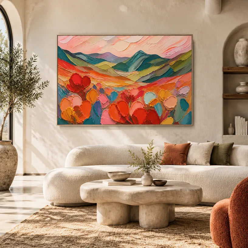 Abstract Expressionist landscapes & seascapes & cityscapes oil painting showing a painterly landscape with distant hills, trees or reflective water.