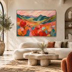 Abstract Expressionist landscapes & seascapes & cityscapes oil painting showing a painterly landscape with distant hills, trees or reflective water.