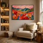 Abstract Expressionist landscapes & seascapes & cityscapes oil painting showing a painterly landscape with distant hills, trees or reflective water.