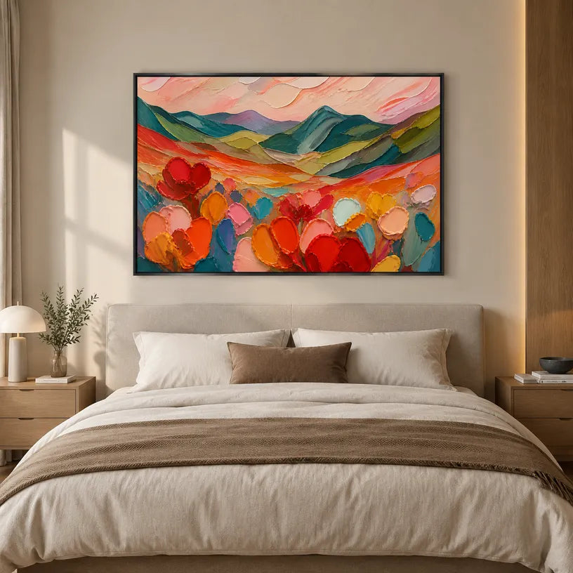 Abstract Expressionist landscapes & seascapes & cityscapes oil painting showing a painterly landscape with distant hills, trees or reflective water.