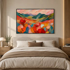 Abstract Expressionist landscapes & seascapes & cityscapes oil painting showing a painterly landscape with distant hills, trees or reflective water.