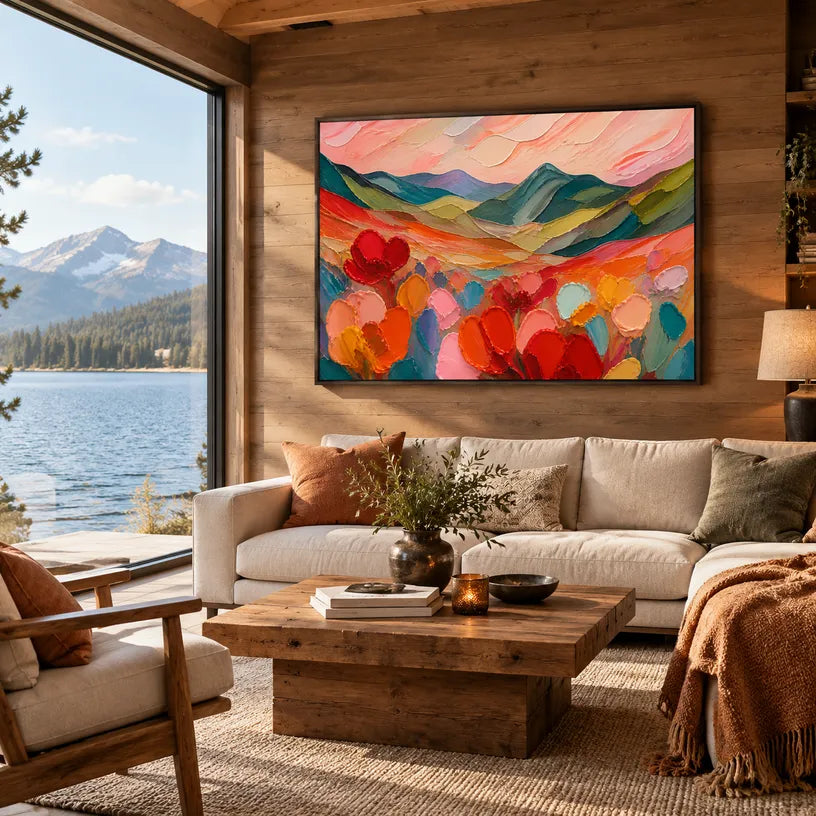 Abstract Expressionist landscapes & seascapes & cityscapes oil painting showing a painterly landscape with distant hills, trees or reflective water.