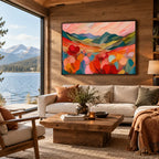 Abstract Expressionist landscapes & seascapes & cityscapes oil painting showing a painterly landscape with distant hills, trees or reflective water.