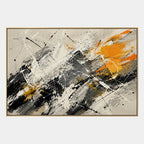 Abstract Expressionist abstract oil painting showing black, white and orange gestural brushwork in a black and white palette, contemporary wall art.