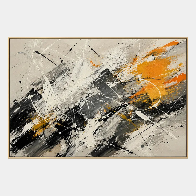Abstract Expressionist abstract oil painting showing black, white and orange gestural brushwork in a black and white palette, contemporary wall art.