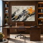 Abstract Expressionist abstract oil painting showing black, white and orange gestural brushwork in a black and white palette, contemporary wall art.