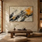 Abstract Expressionist abstract oil painting showing black, white and orange gestural brushwork in a black and white palette, contemporary wall art.