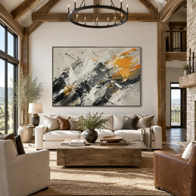 Abstract Expressionist abstract oil painting showing black, white and orange gestural brushwork in a black and white palette, contemporary wall art.