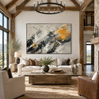 Abstract Expressionist abstract oil painting showing black, white and orange gestural brushwork in a black and white palette, contemporary wall art.