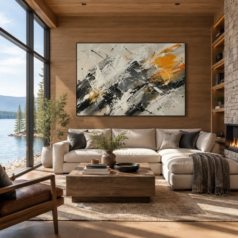 Abstract Expressionist abstract oil painting showing black, white and orange gestural brushwork in a black and white palette, contemporary wall art.