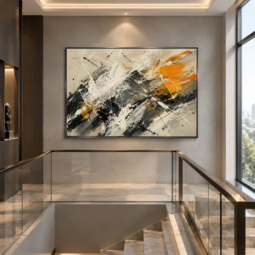 Abstract Expressionist abstract oil painting showing black, white and orange gestural brushwork in a black and white palette, contemporary wall art.